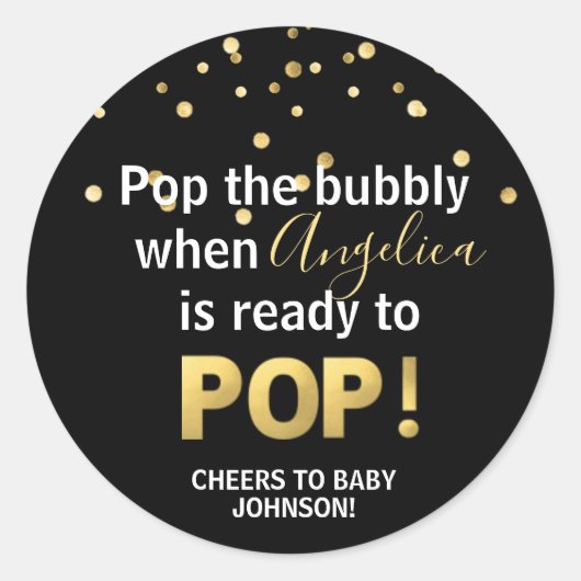 Baby shower Bubbly POP Champagne Zwart Goud Ronde Sticker (Voorkant)