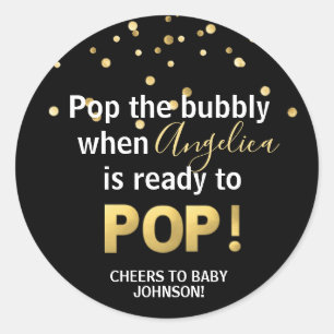 Baby shower Bubbly POP Champagne Zwart Goud Ronde Sticker