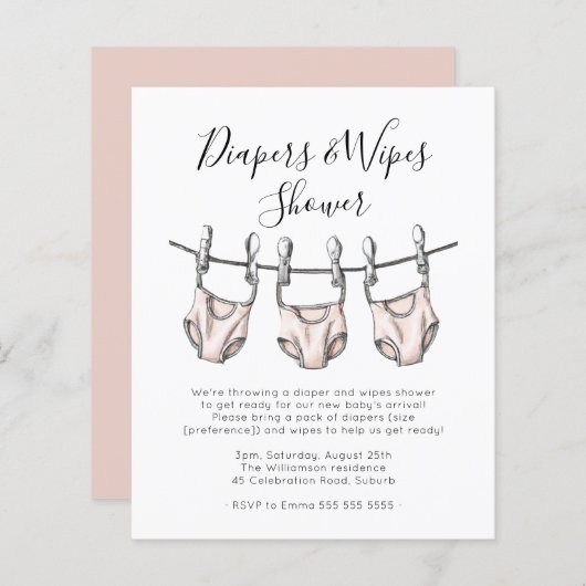 Baby shower budgetroze diapers en wissen uitnodige (Voorkant / Achterkant)