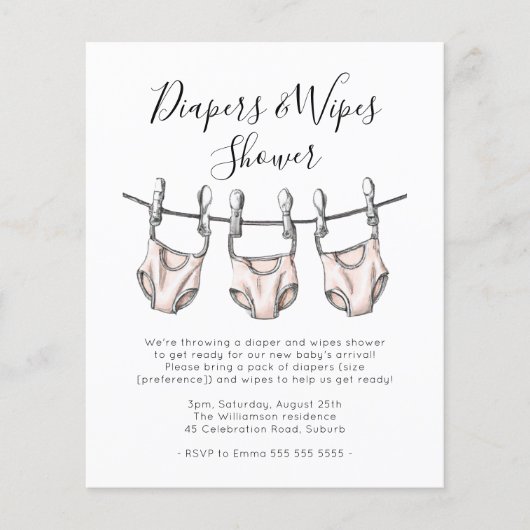 Baby shower budgetroze diapers en wissen uitnodige (Voorkant)