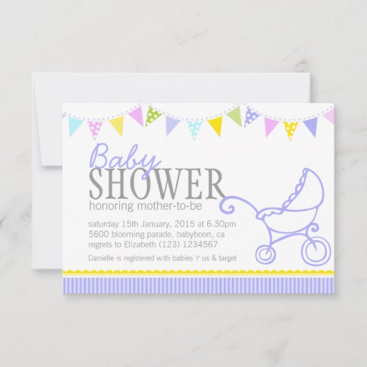 Baby shower bundel pram stroller paars nodig kaart (Voorkant)
