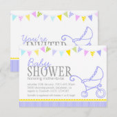 Baby shower bundel pram stroller paars nodig kaart (Voorkant / Achterkant)