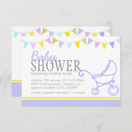 Baby shower bundel pram stroller paars nodig kaart (Voorkant / Achterkant)
