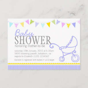 Baby shower bundel pram stroller paars nodig kaart