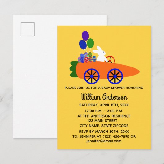 Baby shower Bunny Carrot Car#3 Uitnodiging Briefka (Voorkant / Achterkant)