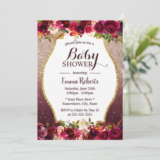 Baby shower Burgundy Floral Modern Roos Gold Kaart (Staand voorkant)