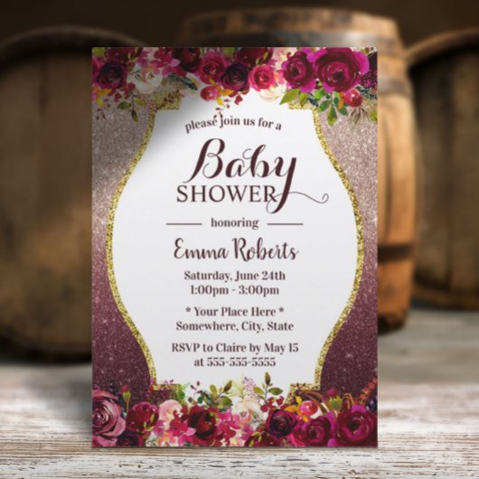 Baby shower Burgundy Floral Modern Roos Gold Kaart