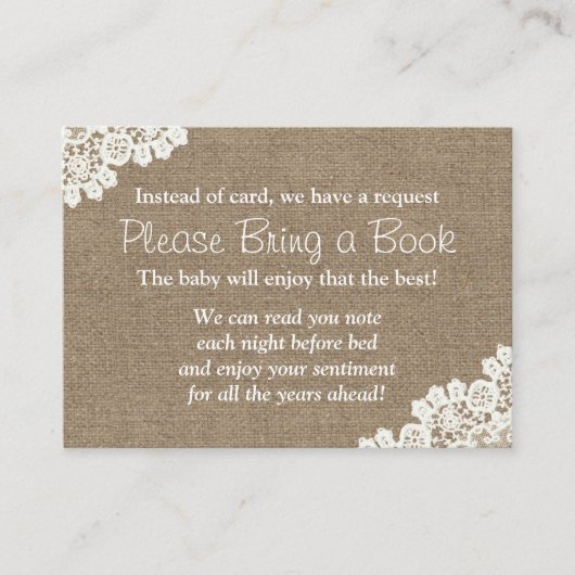 Baby shower Burlap & Lace Breng een boek aanvraag Informatiekaartje (Voorkant)