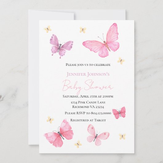 Baby shower Butterfly Invitation, Girl Kaart (Voorkant)