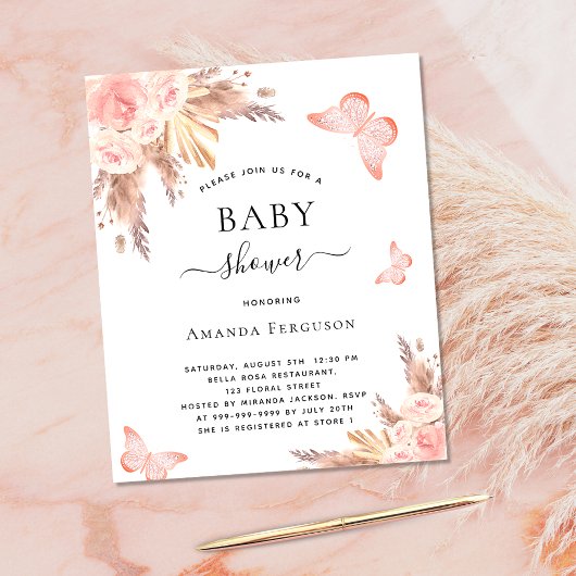 Baby shower butterfly pampas uitnodiging flyer