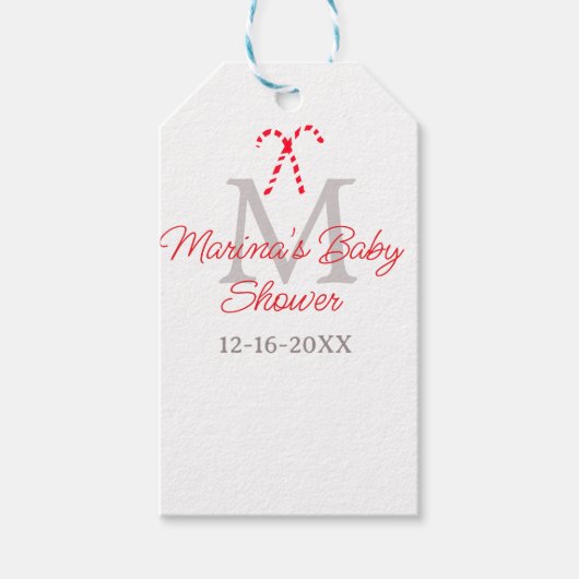 Baby shower candy cane Christmas holiday monogram Cadeaulabel (Voorkant)