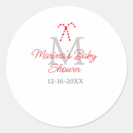 Baby shower candy cane Christmas holiday monogram  Ronde Sticker