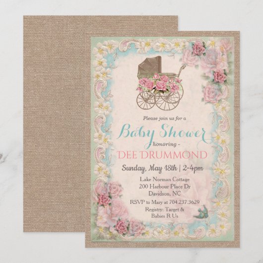  Baby shower Carriage Floral Invitation Kaart (Voorkant / Achterkant)
