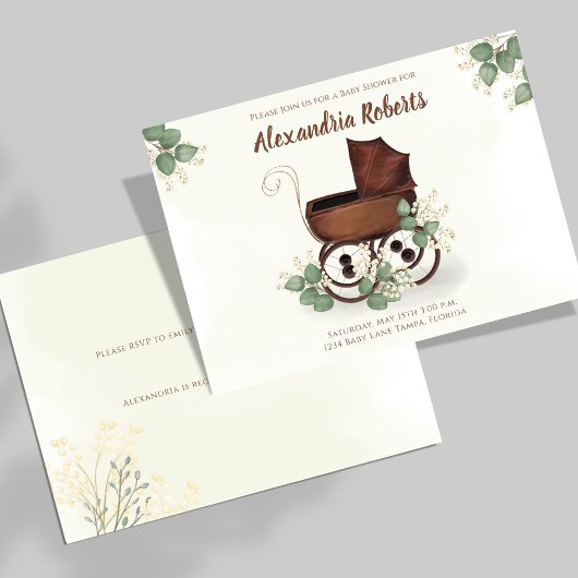 Baby shower Carriage Greenery Kaart