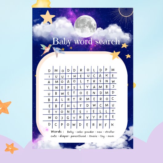 Baby shower Celestial Dreams Word Zoeken spel Kaart