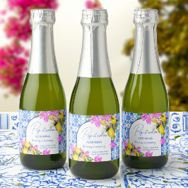 Baby shower champagne gunst Blue Tegels Lemons Sparkling Wijnetiket