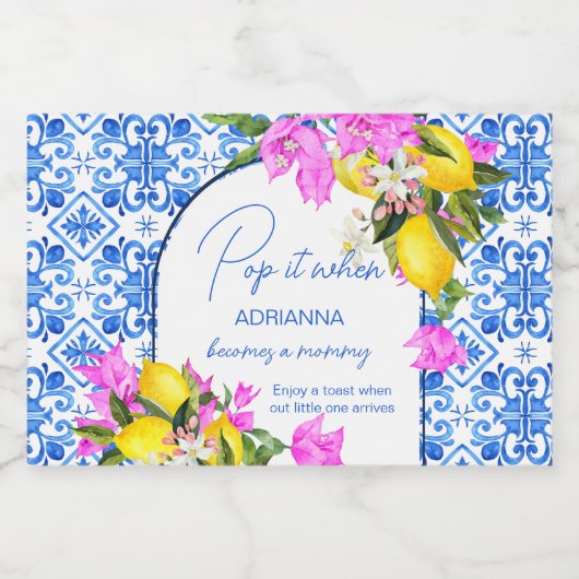 Baby shower champagne gunst Blue Tegels Lemons Sparkling Wijnetiket (Enkel label)