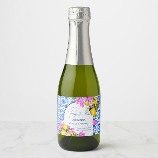 Baby shower champagne gunst Blue Tegels Lemons Sparkling Wijnetiket (Voorkant)