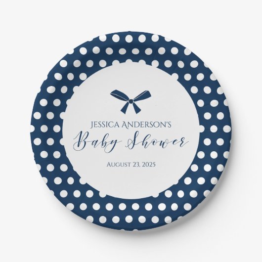 Baby shower Charmant Navy Blue Polka Dot Bow Papieren Bordje (Voorkant)