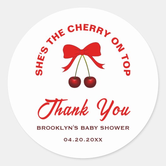 Baby shower Cherry op Top Rode Coquette Bow Girl Ronde Sticker (Voorkant)