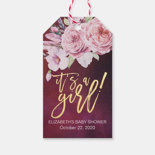 Baby shower Chic Boho Floral Feathers Burgundy Red Cadeaulabel (Voorkant)