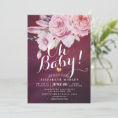Baby shower Chic Boho Floral Feathers Burgundy Red Kaart (Staand voorkant)