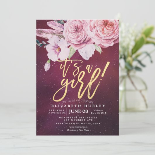 Baby shower Chic Boho Floral Feathers Burgundy Red Kaart (Staand voorkant)