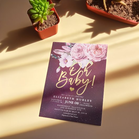 Baby shower Chic Boho Floral Feathers Burgundy Red Kaart