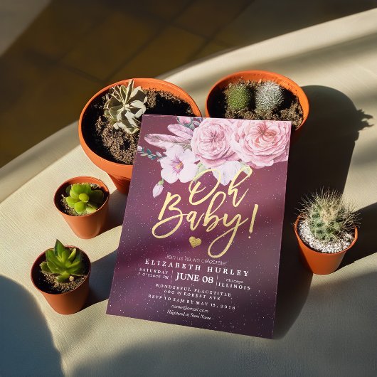 Baby shower Chic Boho Floral Feathers Burgundy Red Kaart