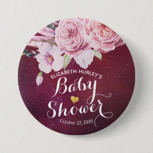 Baby shower Chic Boho Floral Feathers Burgundy Red Ronde Button 7,6 Cm