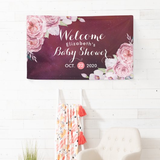 Baby shower Chic Boho Floral Feathers Burgundy Red Spandoek (Insitu)
