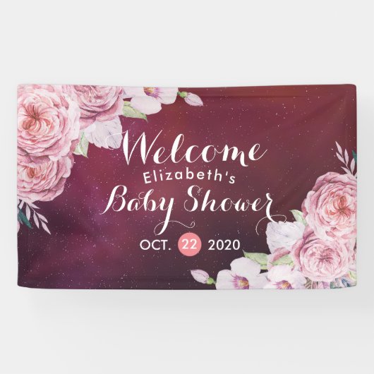 Baby shower Chic Boho Floral Feathers Burgundy Red Spandoek (Horizontaal)