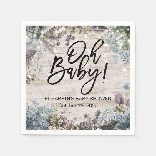 Baby shower Chic Floral String Lights Rustic Wood Servetten (Voorkant)