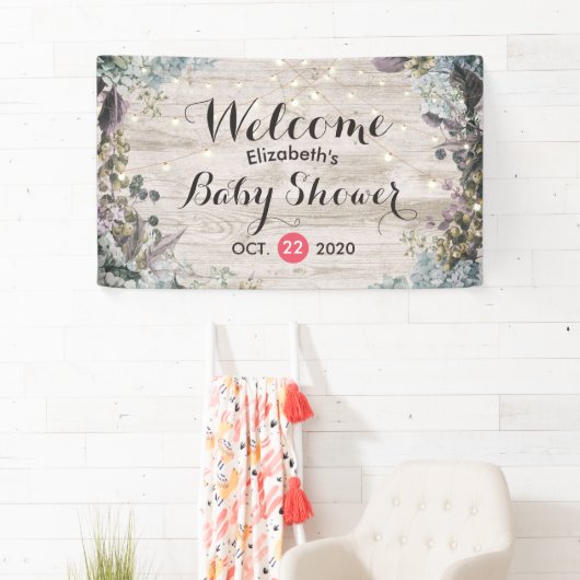 Baby shower Chic Floral String Lights Rustic Wood Spandoek (Insitu)