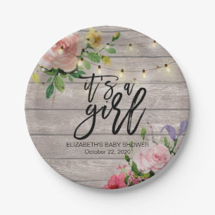 Baby shower Chic Flowers Rustic Wood String Lights Papieren Bordje