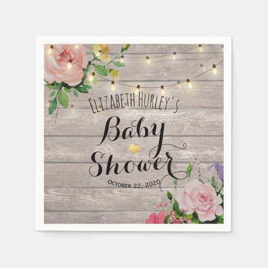 Baby shower Chic Flowers Rustic Wood String Lights Servet (Voorkant)