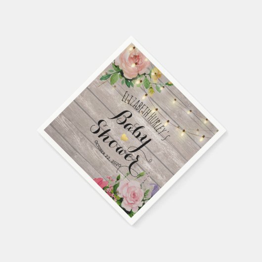 Baby shower Chic Flowers Rustic Wood String Lights Servet (Hoek)