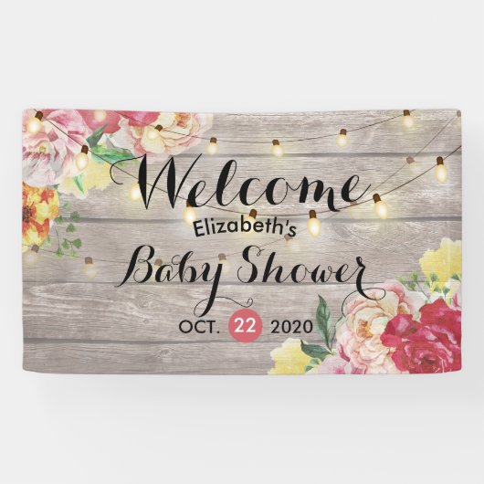 Baby shower Chic Flowers String Lights Rustisch Ho Spandoek (Horizontaal)