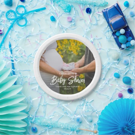 Baby shower Chic Modern Script Typografie & Foto Papieren Bordje (Feest)