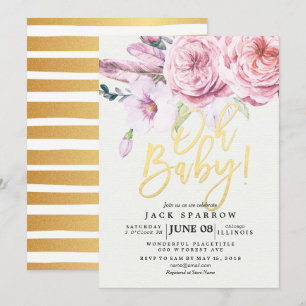 Baby shower Chic Waterverf Boho Floral Feather Kaart