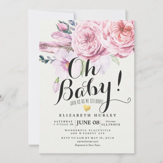 Baby shower Chic Waterverf Boho Floral Feather Kaart (Voorkant)