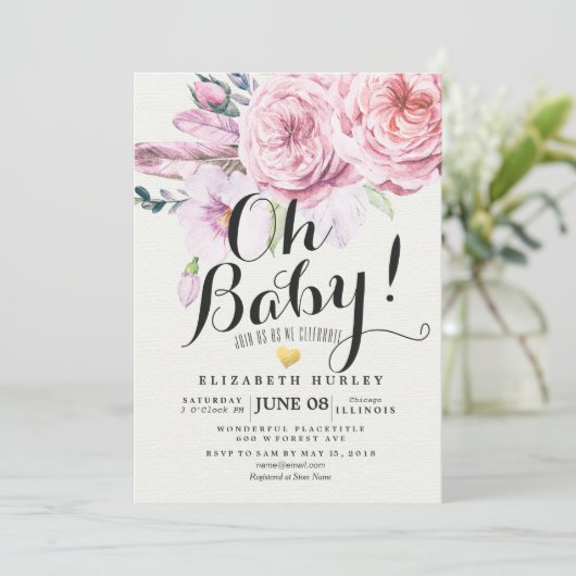 Baby shower Chic Waterverf Boho Floral Feather Kaart (Staand voorkant)