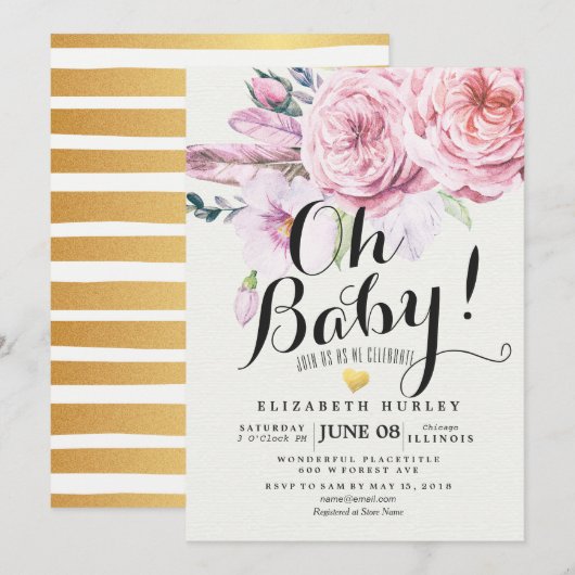 Baby shower Chic Waterverf Boho Floral Feather Kaart (Voorkant / Achterkant)