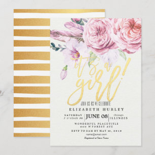 Baby shower Chic Waterverf Boho Floral Feather Kaart