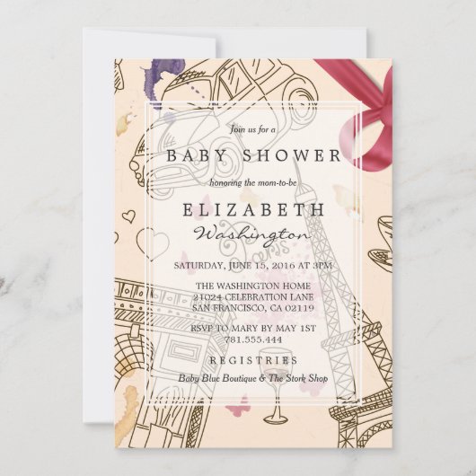 Baby Shower | Chic Whimsical Pink Paris & Bow Kaart (Voorkant)