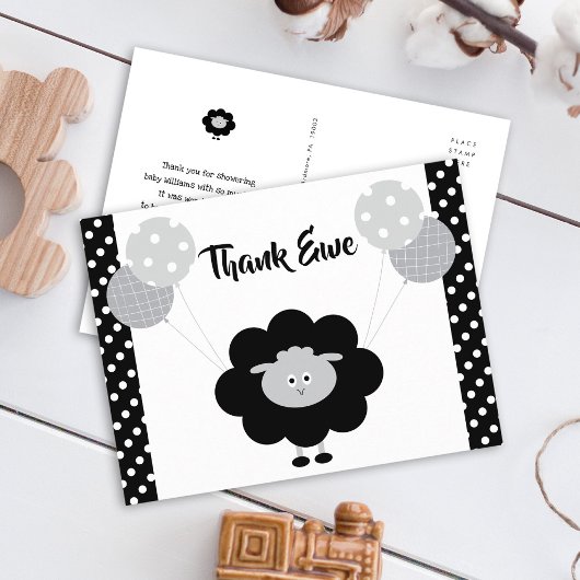 Baby shower chique Schattige zwart & wit lam dank  Briefkaart