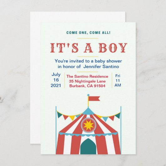 Baby shower circus uitnodiging (Voorkant / Achterkant)