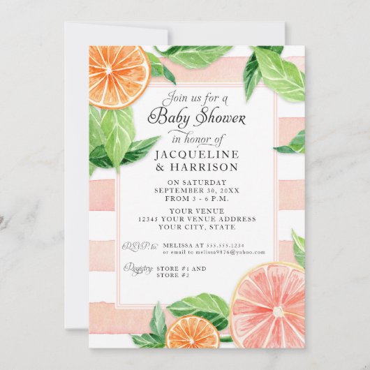 Baby shower Citrus Roze Grapefruit Waterverf Kaart (Voorkant)