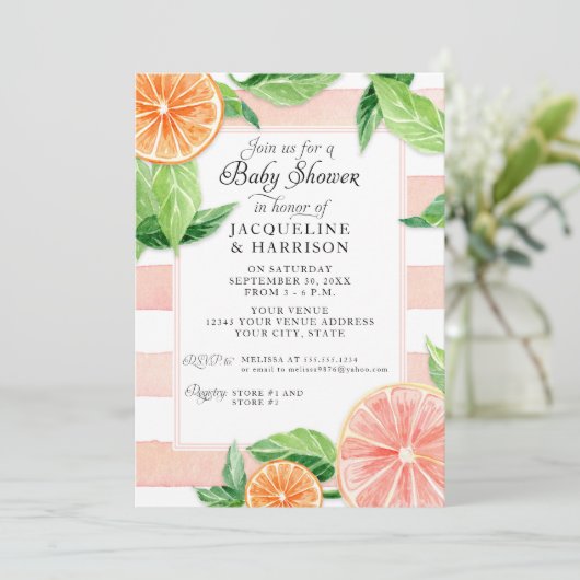 Baby shower Citrus Roze Grapefruit Waterverf Kaart (Staand voorkant)