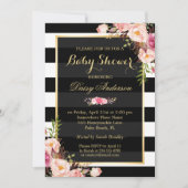 Baby shower Classy Floral Gold Black White Stripes Kaart (Voorkant)